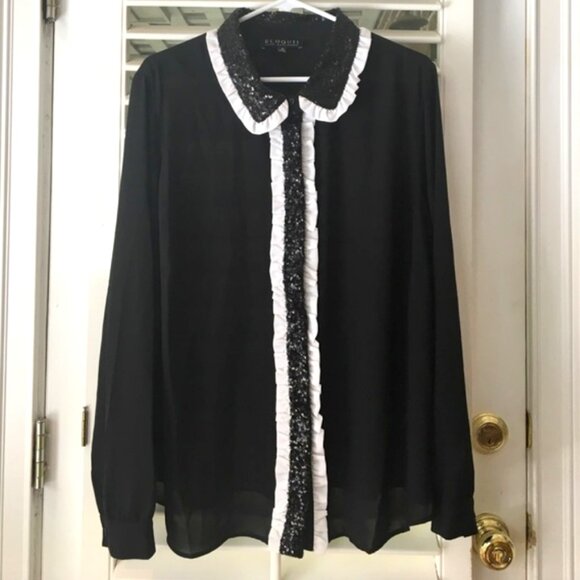 ELOQUII Studio Black and White Ruffle Sequin Tuxedo Button-Down TOP SZ. 16 - Picture 10 of 11